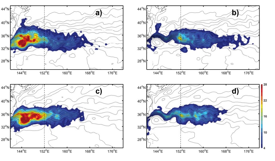 图 黑潮延伸体不稳定(a,c)与稳定(b,d)时期涡旋动能分布.